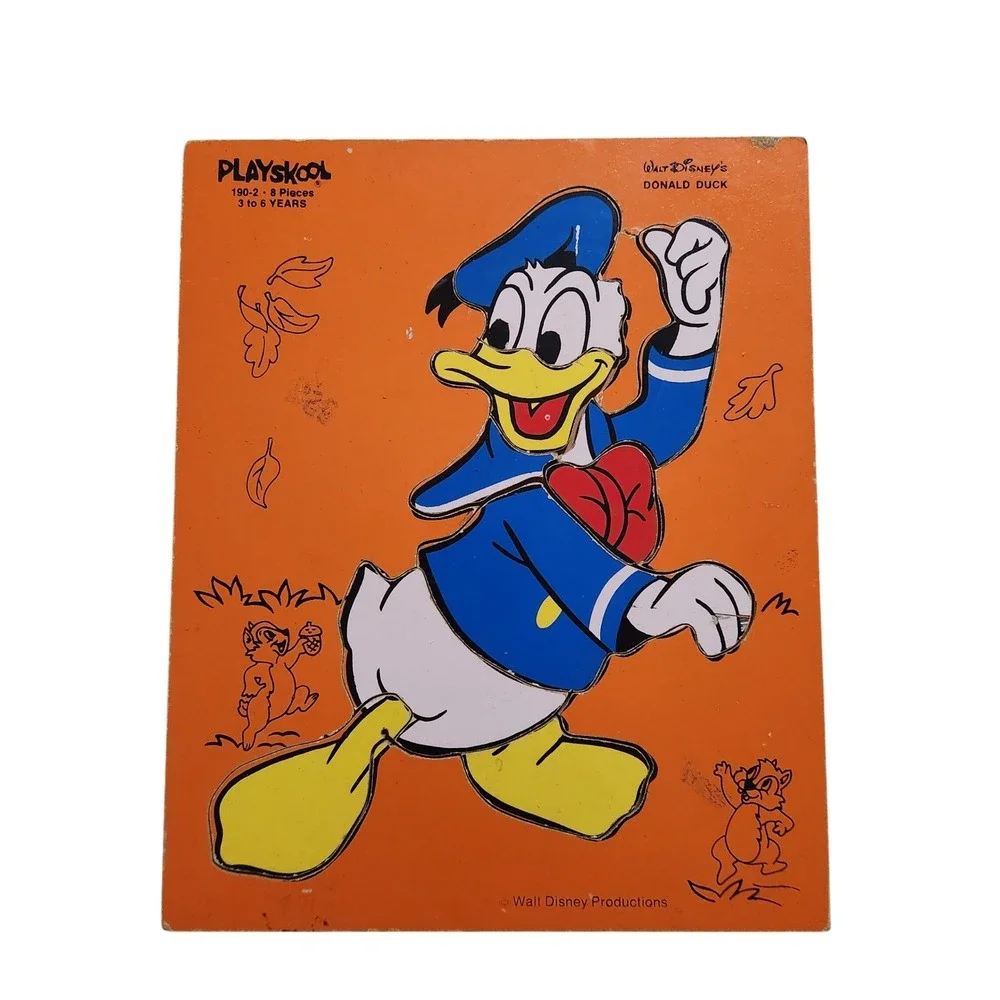 Vintage Playskool Donald‎ Duck Wood Tray Puzzle 8 Piece Disney 190-2 Orange